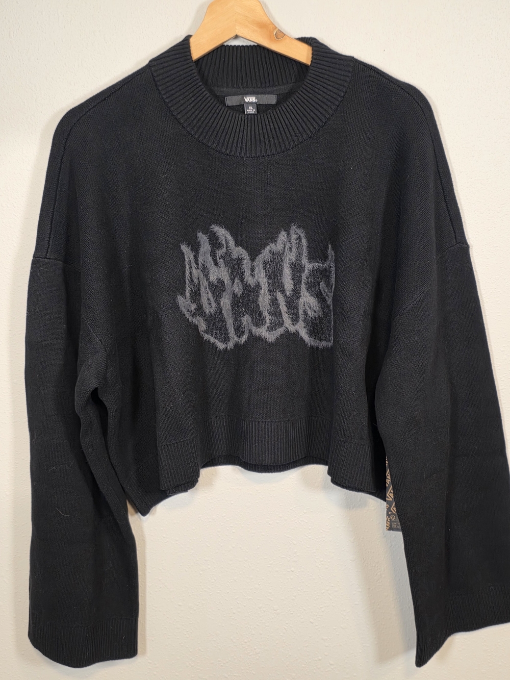 Vans Black Cropped Crewneck Sweater with Flame Logo